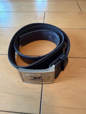Diesel Black Leather Belt with Silver Logo Buckle